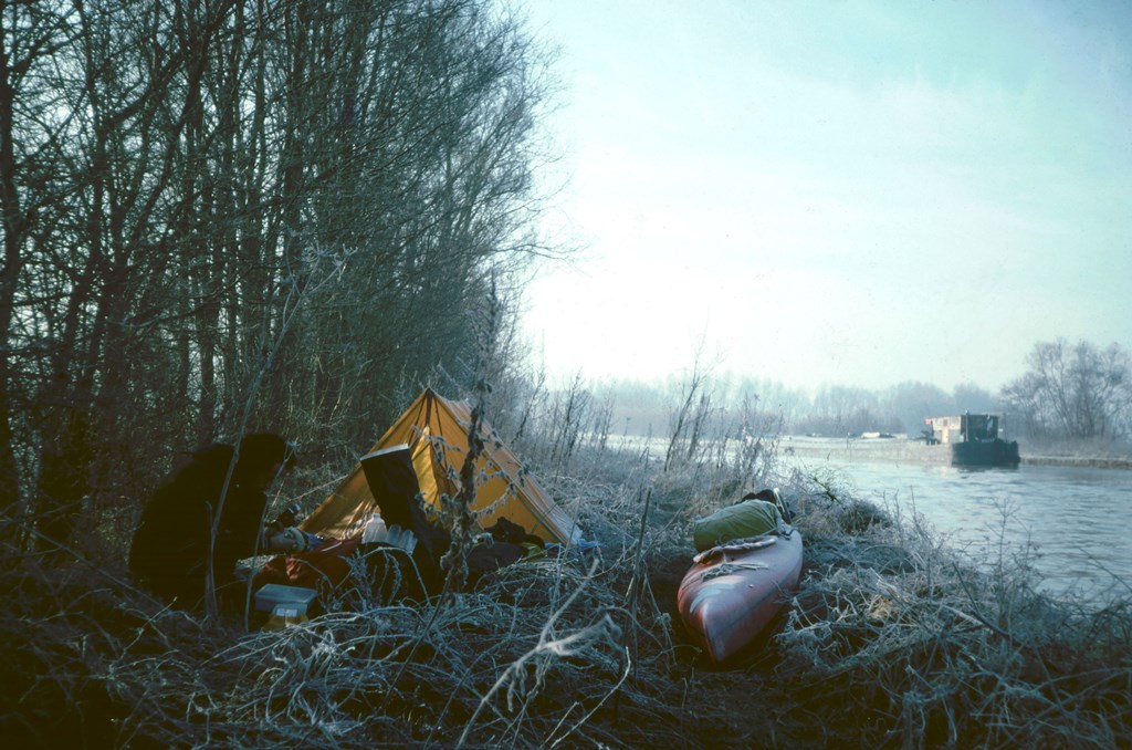 Frosty morning camping beside canal France 1979