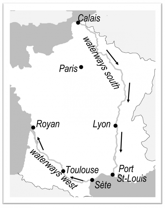 Kayak routes across France on sketch map